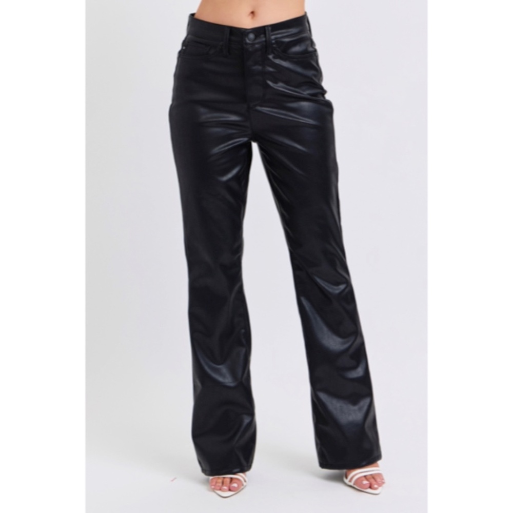 JUDY BLUE New Black High Waist Tummy Control Faux Leather Bootcut Pants - Picture 2 of 5